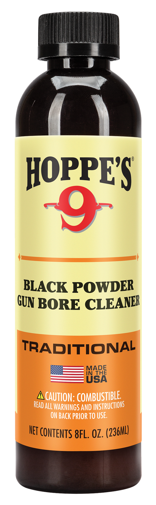 Hoppe's Black Powder Gun Bore Cleaner 8 oz bottle with yellow label and black cap.