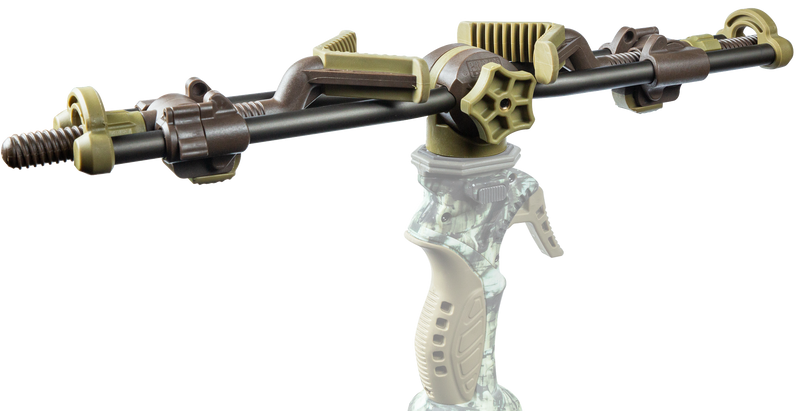 Load image into Gallery viewer, Primos 2-Point Gun Rest with green and brown grips on camo GEN 2 Trigger Stick tripod, isolated on white.
