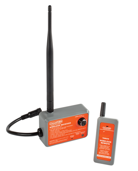 Wireless WheelyBird Workhorse Remote and receiver with antenna, both featuring red Champion branding.