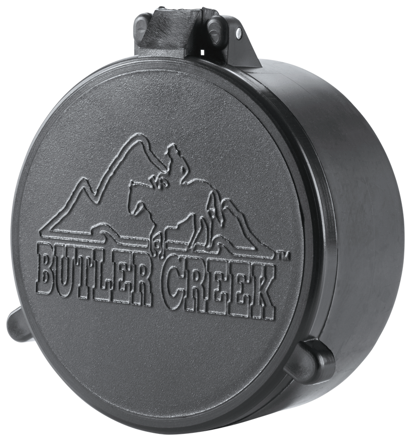 Load image into Gallery viewer, Butler Creek Flip-Open™ Scope Cover for objective lens with cowboy on horseback and mountain embossed design.
