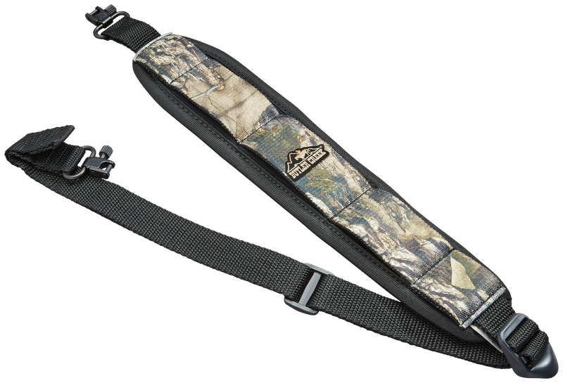 Load image into Gallery viewer, The Butler Creek Comfort Stretch Firearm Sling features camo neoprene, padded strap, adjustable webbing, and swivel clips.
