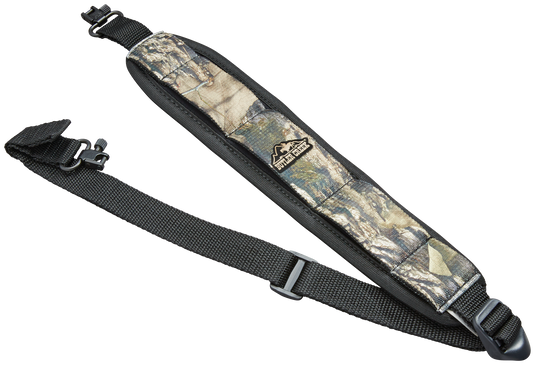 The Butler Creek Comfort Stretch Firearm Sling features camo neoprene, padded strap, adjustable webbing, and swivel clips.