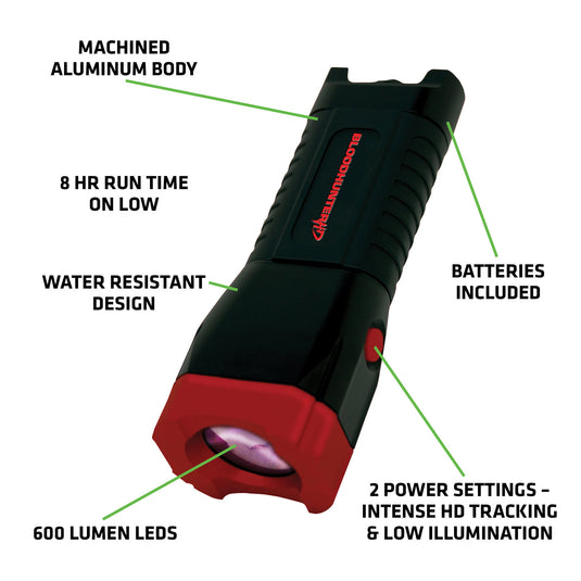 Primos Bloodhunter HD flashlight, 600 lumen, water resistant, with blood trailing tech for hunters.