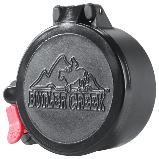 Butler Creek Flip-Open™ Scope Cover - Eyepiece with rider logo, red tab, and watertight seal for reliable protection.