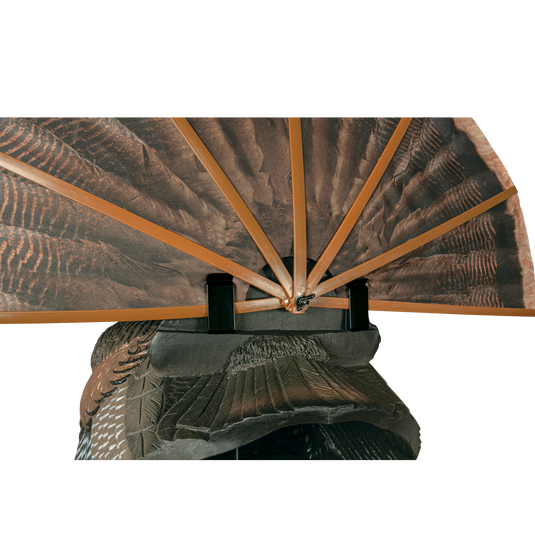 Close-up of the Gobbstopper Strutter Turkey Decoy with outstretched, fan-shaped wings held by orange rods, showing detailed feather patterns against a plain white background.