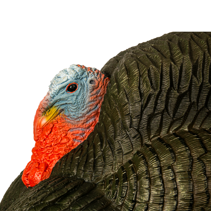 Load image into Gallery viewer, A close-up of the Gobbstopper Strutter Turkey Decoy, showing its textured brown body, red wattle, blue and white head with lifelike details, facing left against a white background.
