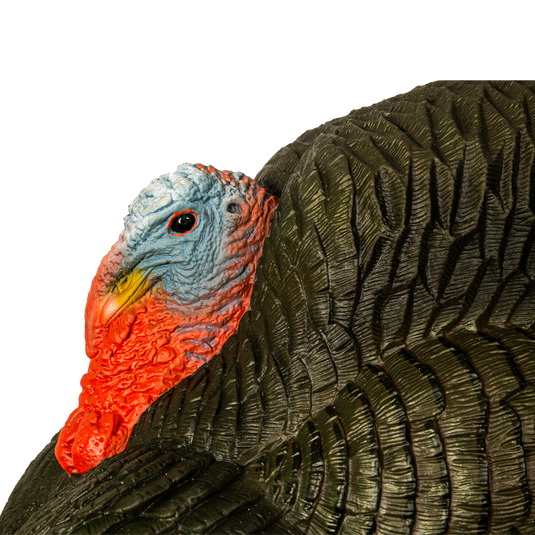 A close-up of the Gobbstopper Strutter Turkey Decoy, showing its textured brown body, red wattle, blue and white head with lifelike details, facing left against a white background.