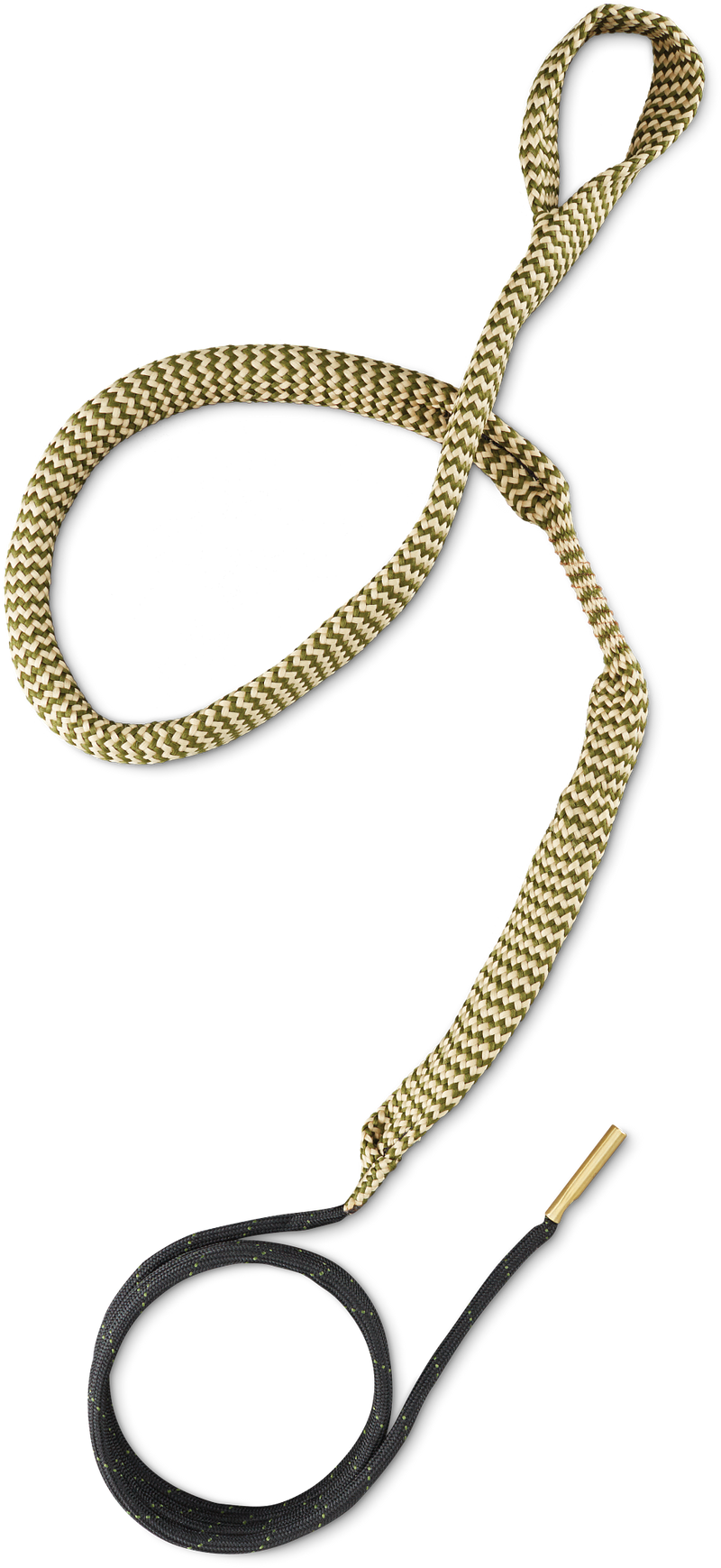 Load image into Gallery viewer, A black shoelace with gold tips is looped with a yellow and black Hoppe's Boresnake® - Rifles on a white background.
