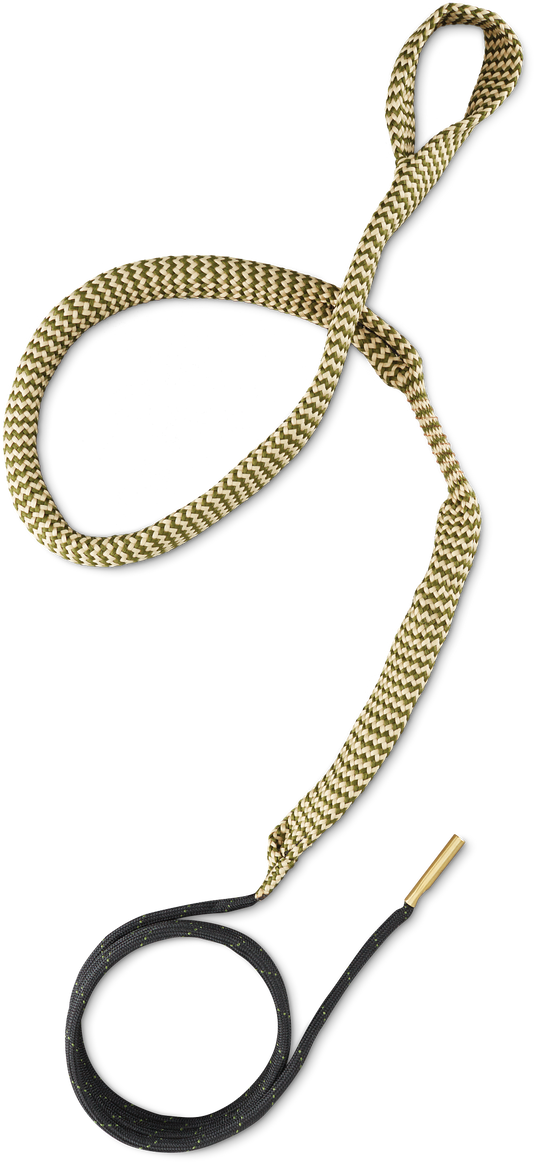 A black shoelace with gold tips is looped with a yellow and black Hoppe's Boresnake® - Rifles on a white background.