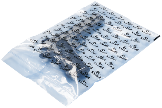 Clear plastic bag containing handgun on a white background