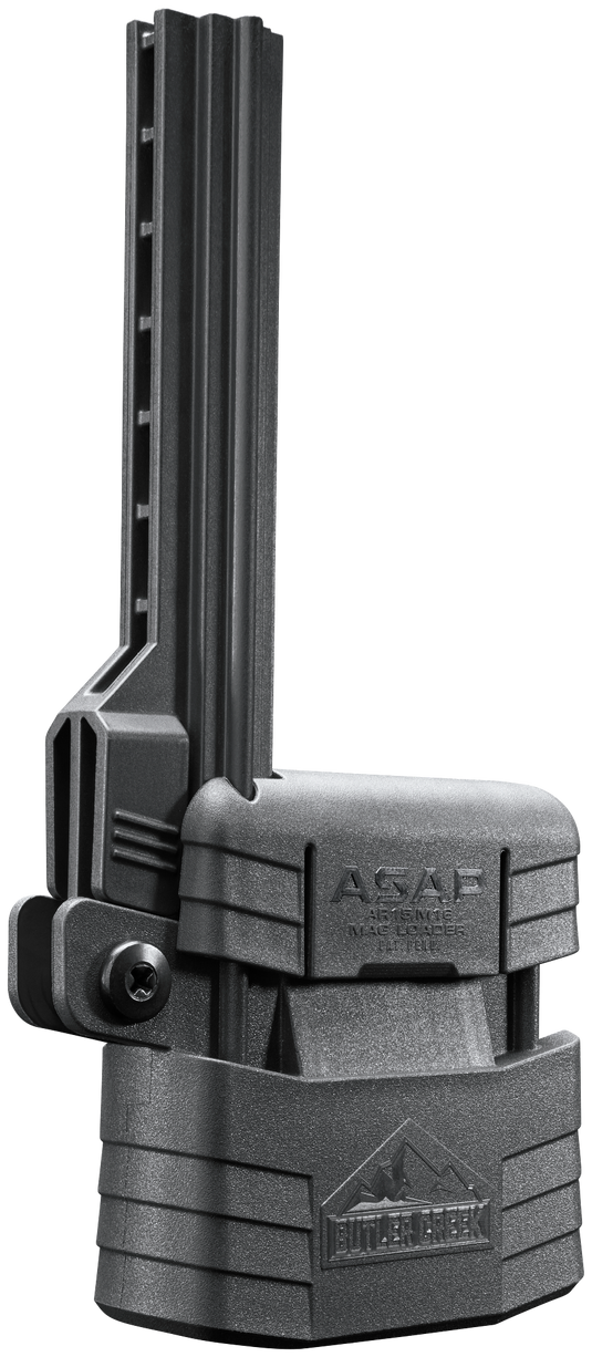 A black ASAP™ Universal AR15|M16 Mag Loader by Butler Creek with vertical design and ridged handle, text engraved.