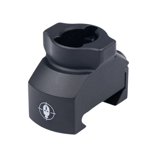 Primos MagnaSwitch Picatinny Adapter: black metal, white target logo, for mounting optics on firearms or airsoft guns.