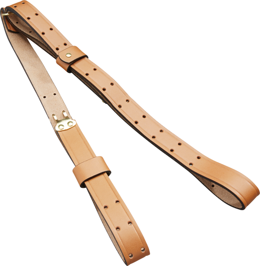 The Butler Creek Leather Military Sling and Carry Strap features metal hardware and adjustment holes, shown on a white background.