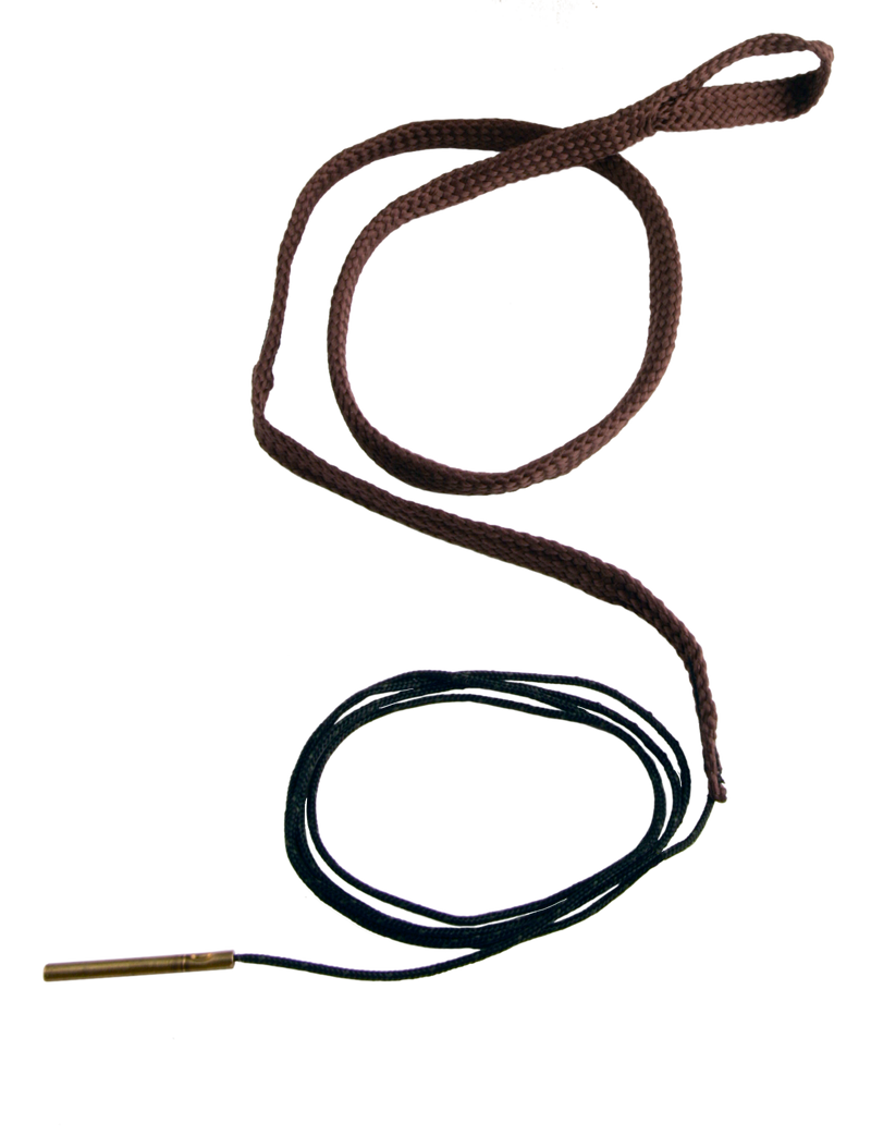 Load image into Gallery viewer, A brown and a black shoelace are displayed next to a Hoppe's Boresnake® - Rifles on a white background.
