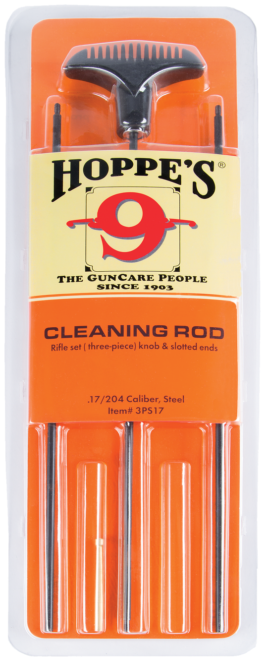 Hoppe's .17/204 caliber cleaning rod packaging with orange and yellow design