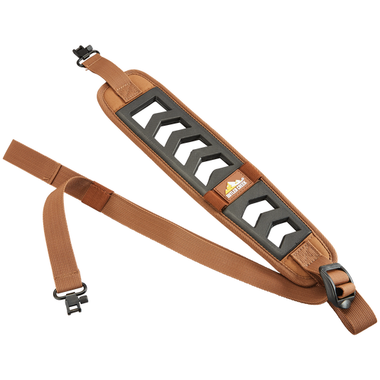 Butler Creek Featherlight Slings feature black geometric padding, plastic clips, and an adjustable brown shoulder strap.