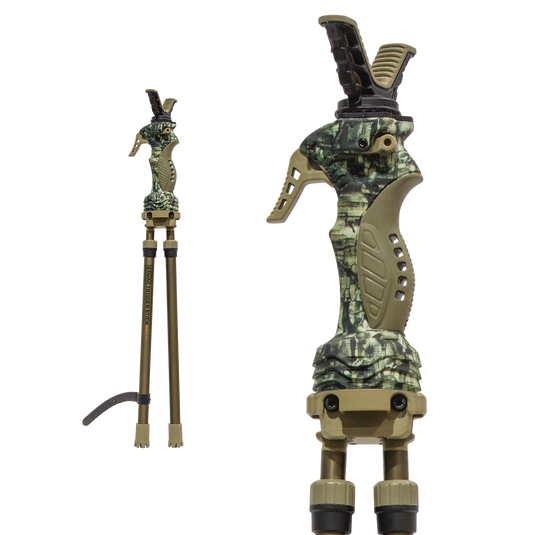 Primos Gen3 Short Tripod Trigger Stick with ergonomic grip and Quick Detach Yoke System, shown front and side.