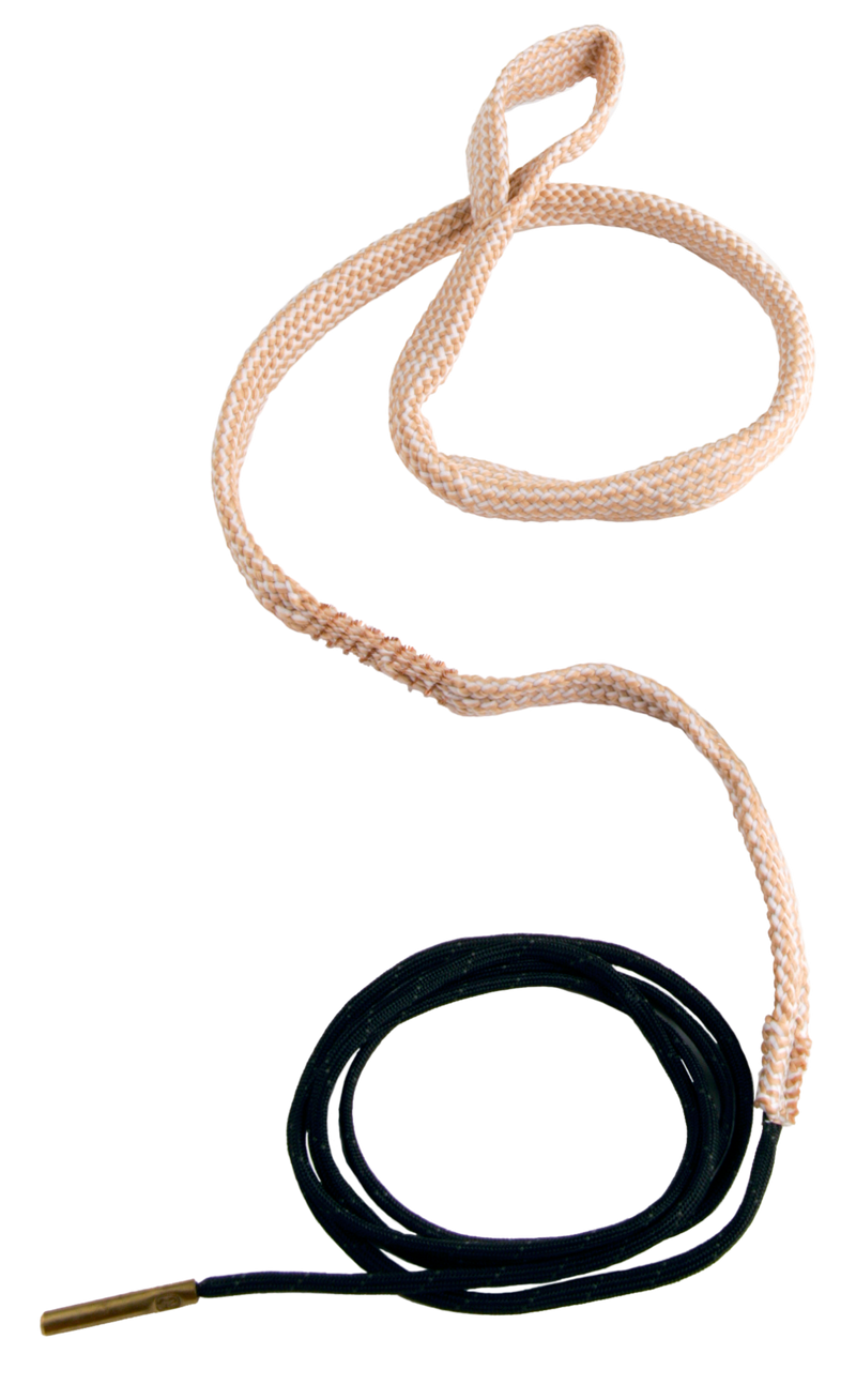 Load image into Gallery viewer, A stylish Boresnake® - Rifles by Hoppe's: long, woven lace with beige top, black bottom, and gold aglet.
