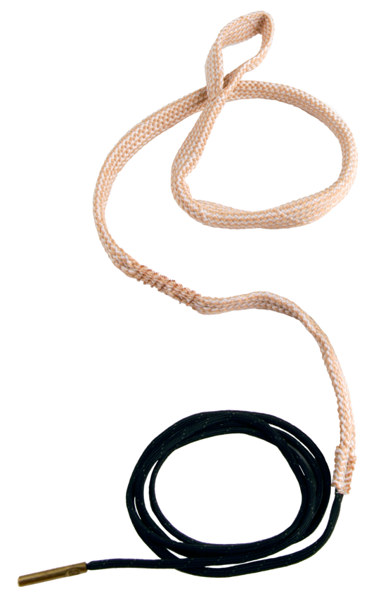 A stylish Boresnake® - Rifles by Hoppe's: long, woven lace with beige top, black bottom, and gold aglet.