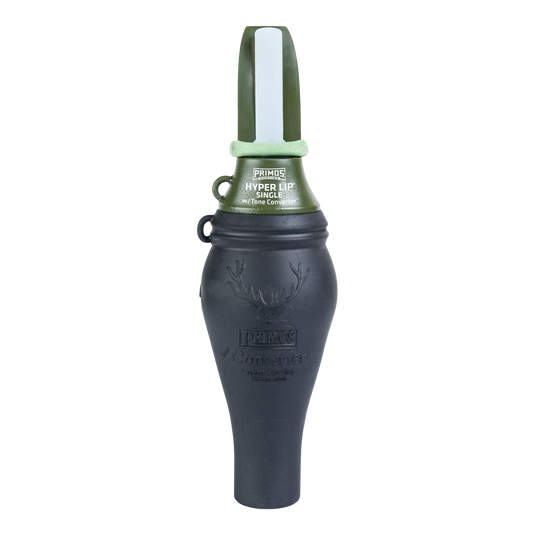 A black and green Primos Hyper LIP® Single with Converter Elk Call featuring an antler design and logo.