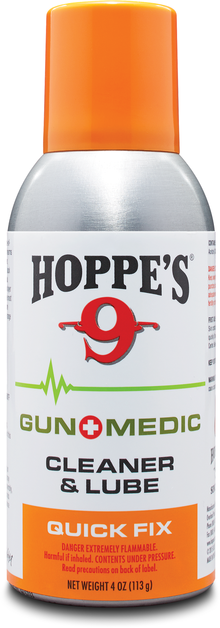 Load image into Gallery viewer, A can of Hoppe's Gun Medic Cleaner + Lube with an orange cap and clear warning labels on the front.
