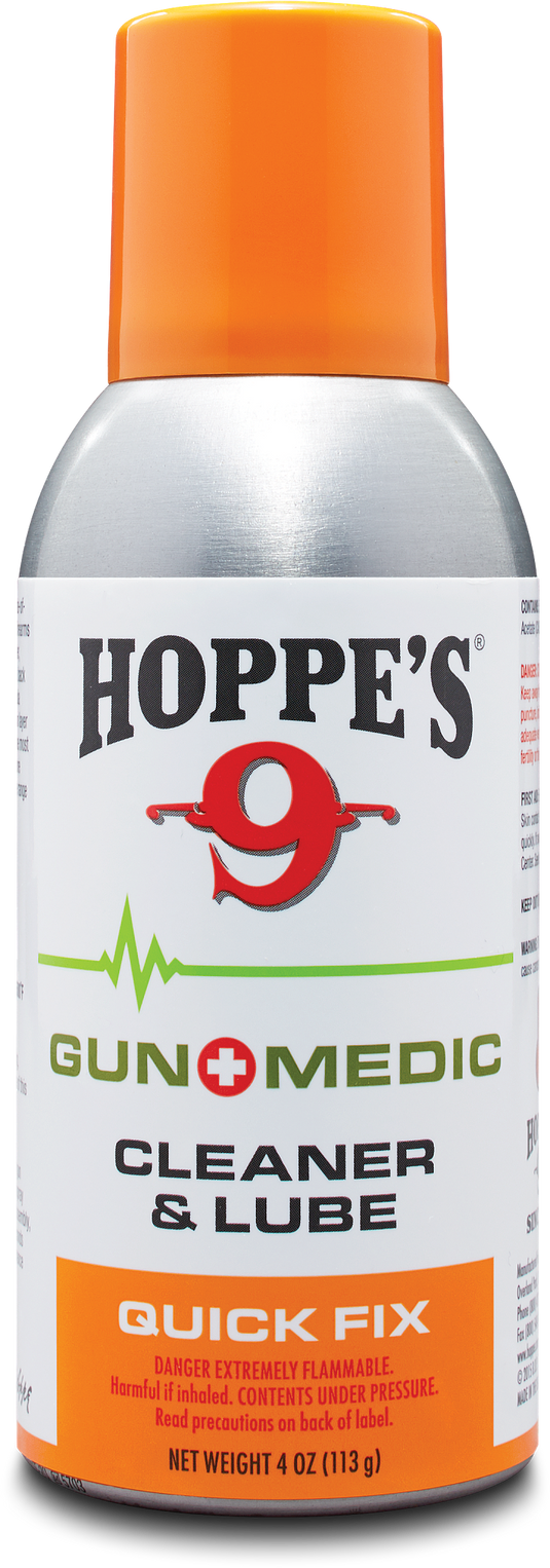 A can of Hoppe's Gun Medic Cleaner + Lube with an orange cap and clear warning labels on the front.