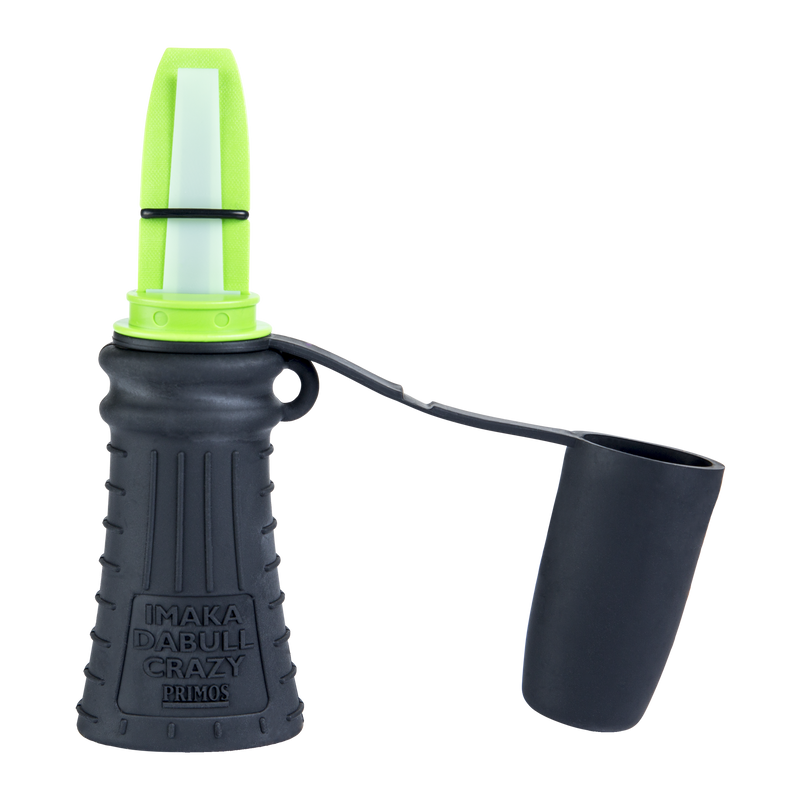 Load image into Gallery viewer, A green and black Primos Imaka Da Bull Crazy Long Range Elk Call with a flexible black cover.
