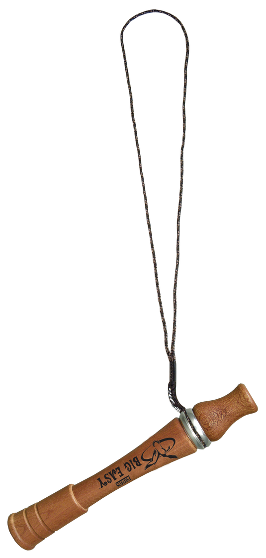 The Primos Single Lanyard is a brown wooden duck call whistle with a black lanyard attached to its top end.