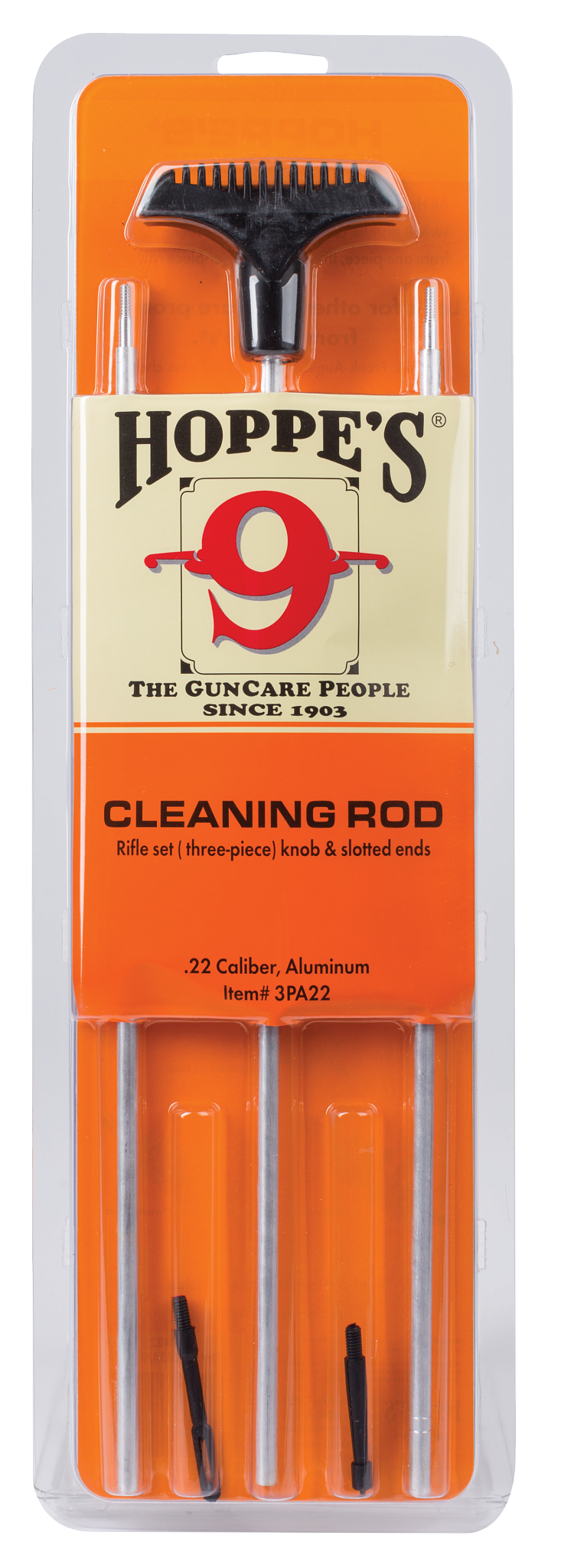 Load image into Gallery viewer, Hoppe's .22 caliber cleaning rod set packaging with orange and white design.
