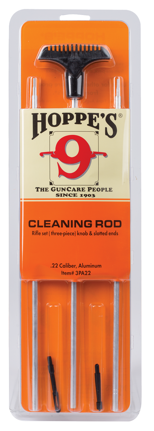 Hoppe's .22 caliber cleaning rod set packaging with orange and white design.