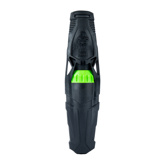 The Primos Revolver Adjustable Grunt Call stands upright against a gray background, black and green in color.