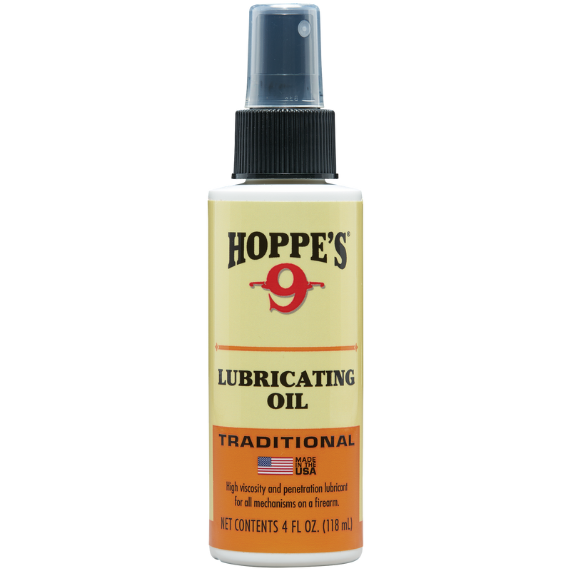 Load image into Gallery viewer, A 4 fl oz Hoppe's Lubricating Oil spray for firearms, with a yellow label and black cap.
