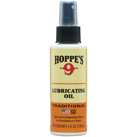 A 4 fl oz Hoppe's Lubricating Oil spray for firearms, with a yellow label and black cap.