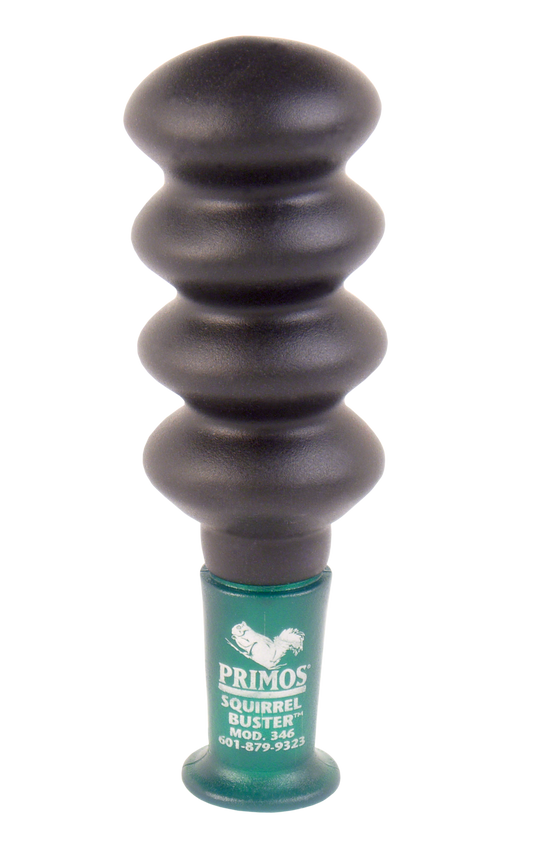 Green and black Primos Squirrel Buster call with ridged grip, ideal for hunting grey or fox squirrels.