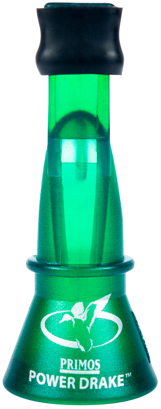 A Primos Power Drake & Duck Whistle with a larger green design is shown upright on a white background.