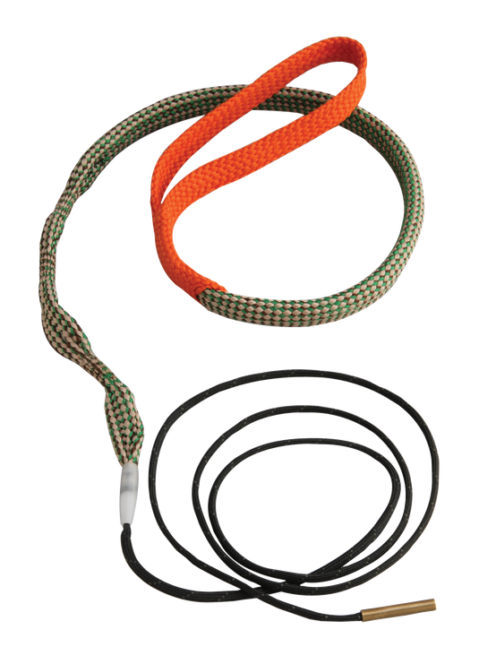 Hoppe's pistol and revolver bore snake with green and orange braided body and black metal end on a white background