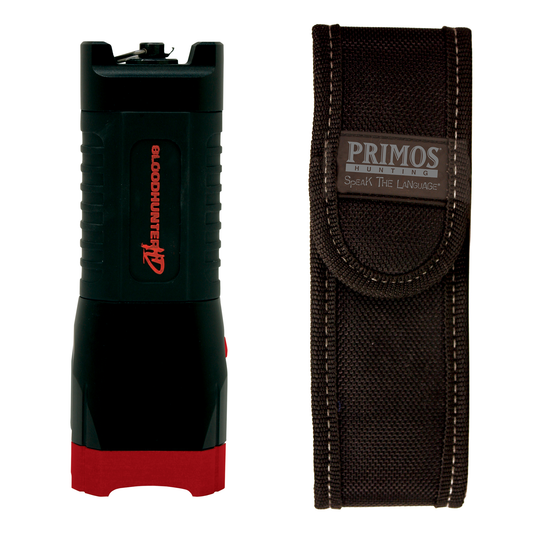 Primos Bloodhunter HD black and red flashlight with blood trailing tech beside a Primos Hunting carrying case.