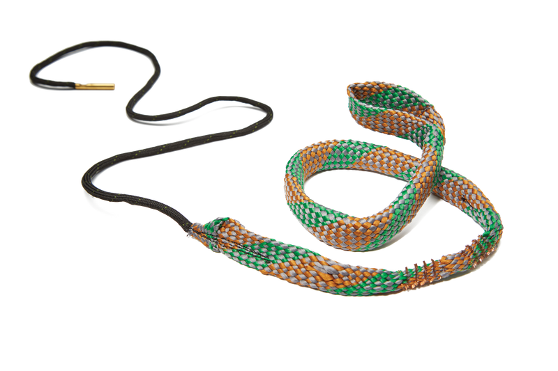 Load image into Gallery viewer, Hoppe's boresnake for shotguns looks like a dog leash with green and orange pattern on a white background

