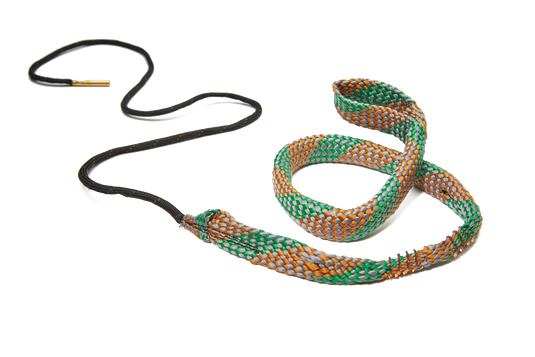 Hoppe's boresnake for shotguns looks like a dog leash with green and orange pattern on a white background