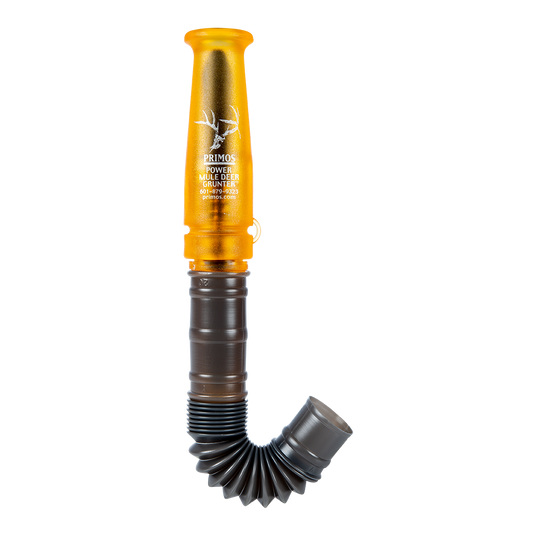 The Primos Power Mule Deer & Blacktail features orange/black colors, a flexible accordion tube, and a top logo.