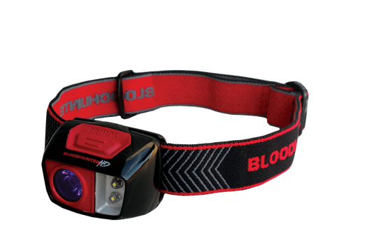 Primos Bloodhunter HD Head Lamp in red and black features LED lights, adjustable strap, and 