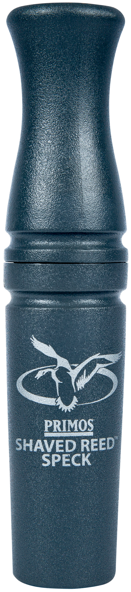 A black Primos Shaved Reed Speck Goose Call with a thin reed and white bird logo and text on the side.