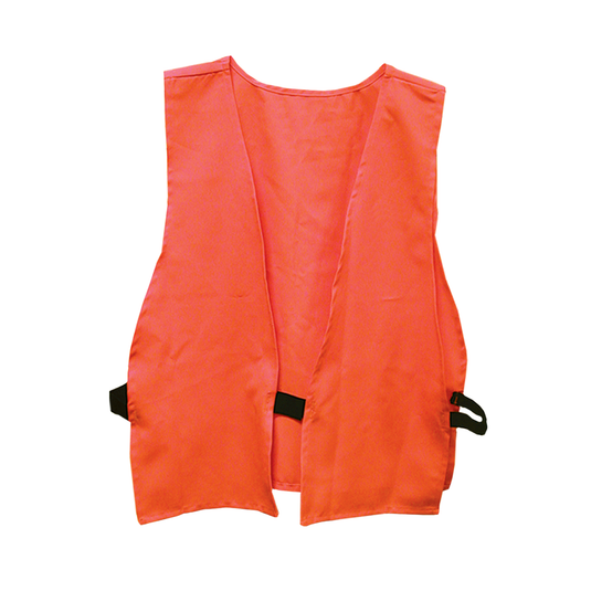 The Primos Safety Vest, Hunter Orange, features open sides and black adjustable straps on a plain white background.