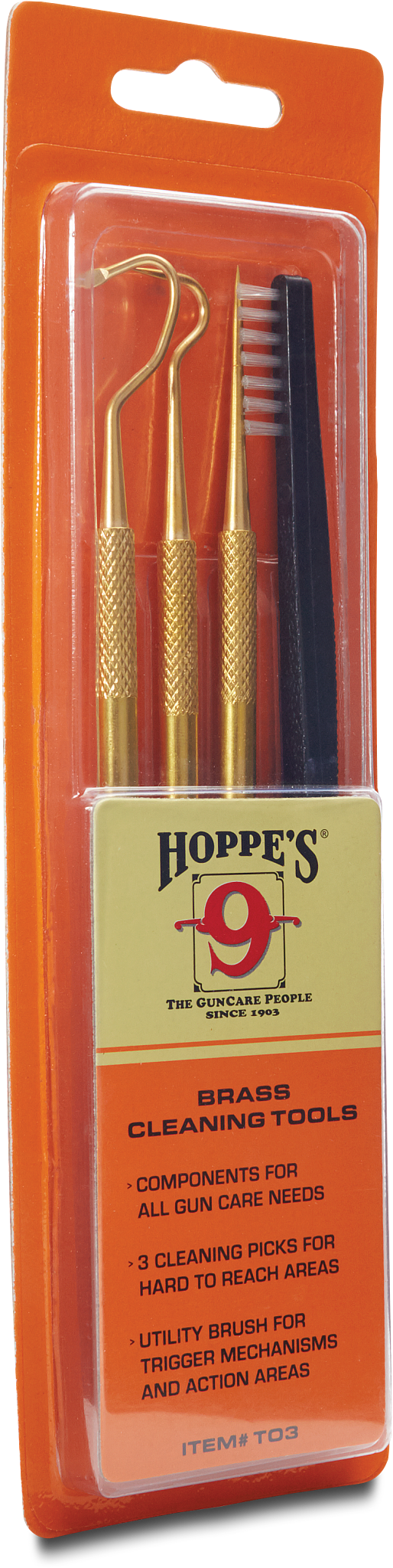 Hoppes gun cleaning brass picks and brush set in packaging with orange background