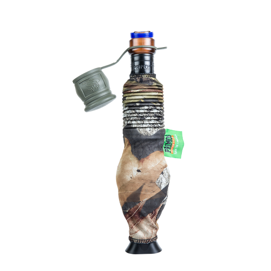 The Primos Super Pack Bugle Elk Call features a camouflage pattern, green cap with strap, and stands upright on white.