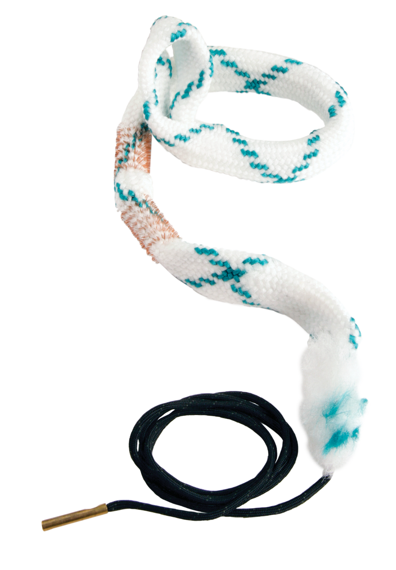 Load image into Gallery viewer, Gun cleaning rope looks like a white shoelace with blue pattern and black cord on a white background
