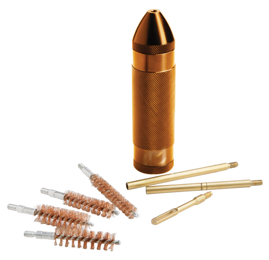 Set of brass cleaning tools including a large cylindrical tool and smaller brushes on a white background