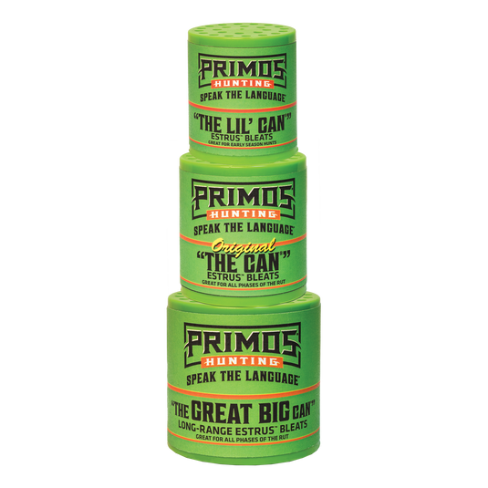Three green Primos The Can Family Pack deer calls stacked: LIL CAN, THE CAN, and THE GREAT BIG CAN.