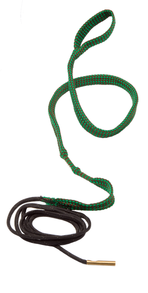 A coiled black shoelace and a green-and-red Hoppe's Boresnake® - Rifles, both on a white background.