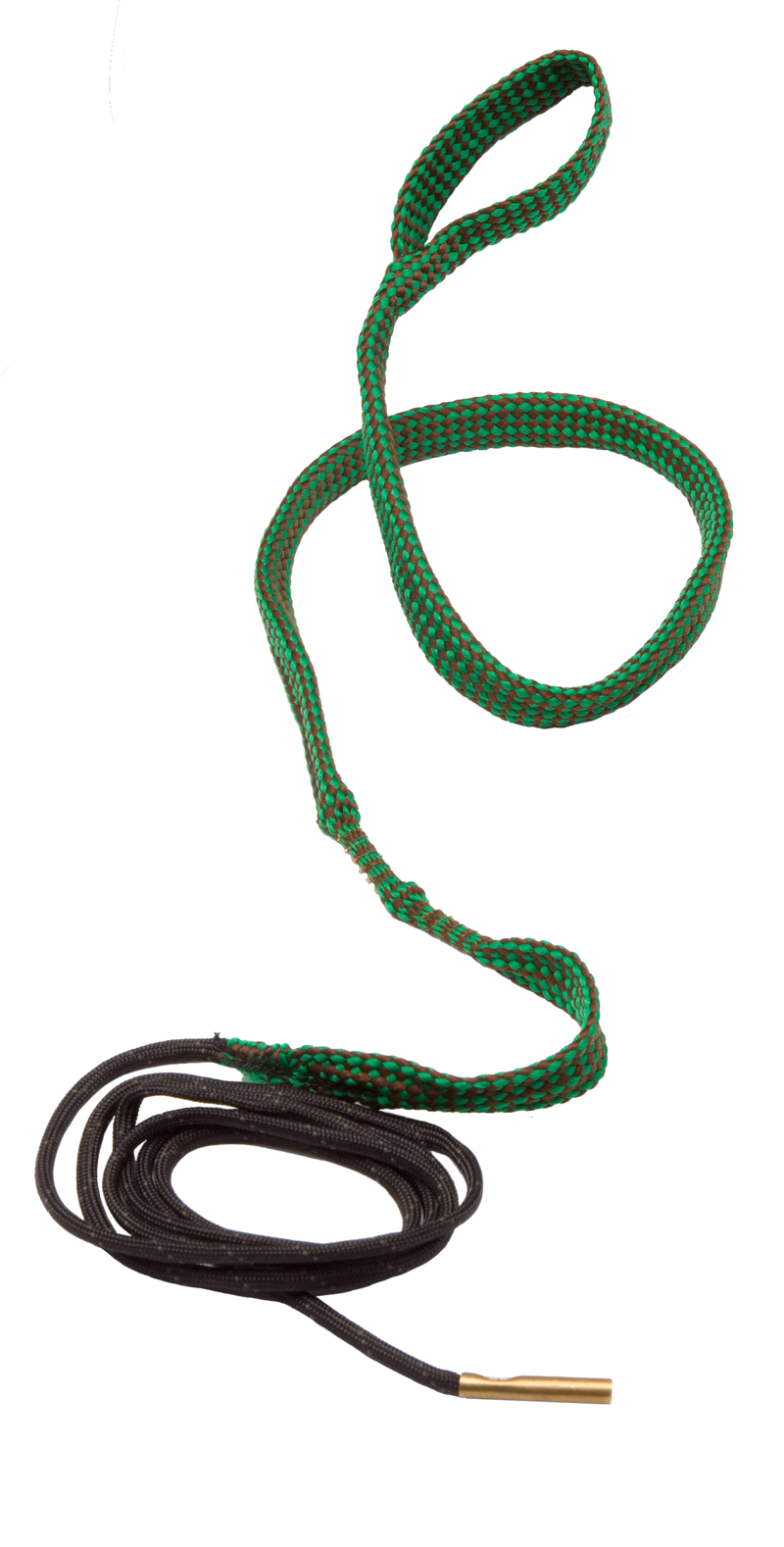 Load image into Gallery viewer, A coiled black shoelace and a green-and-red Hoppe's Boresnake® - Rifles, both on a white background.

